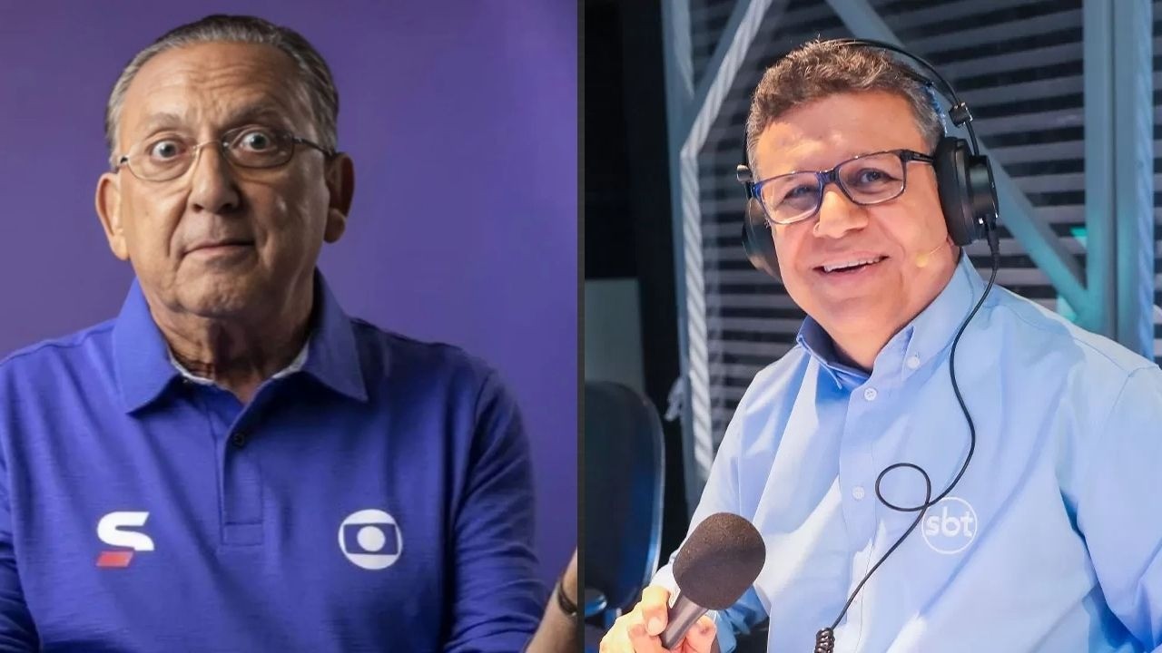 Galvão Bueno (Globo) e Téo José (SBT), sorrindo, lado a lado em imagem dividida.