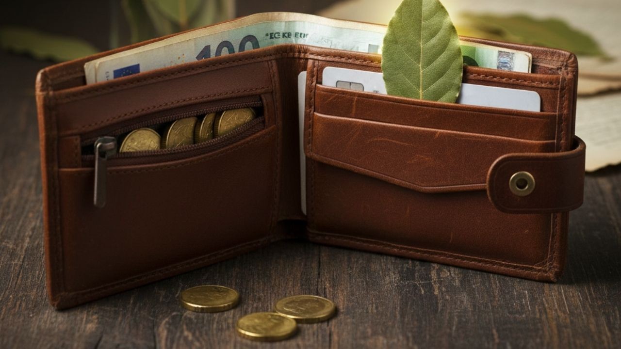 Carteira de couro marrom aberta com notas de euro, moedas e uma folha de louro.