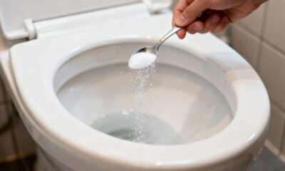 Mão despejando sal granulado branco de uma colher de metal em um vaso sanitário branco.