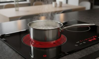 Panela de metal com água fervendo em cooktop de indução preto ligado com brilho vermelho.