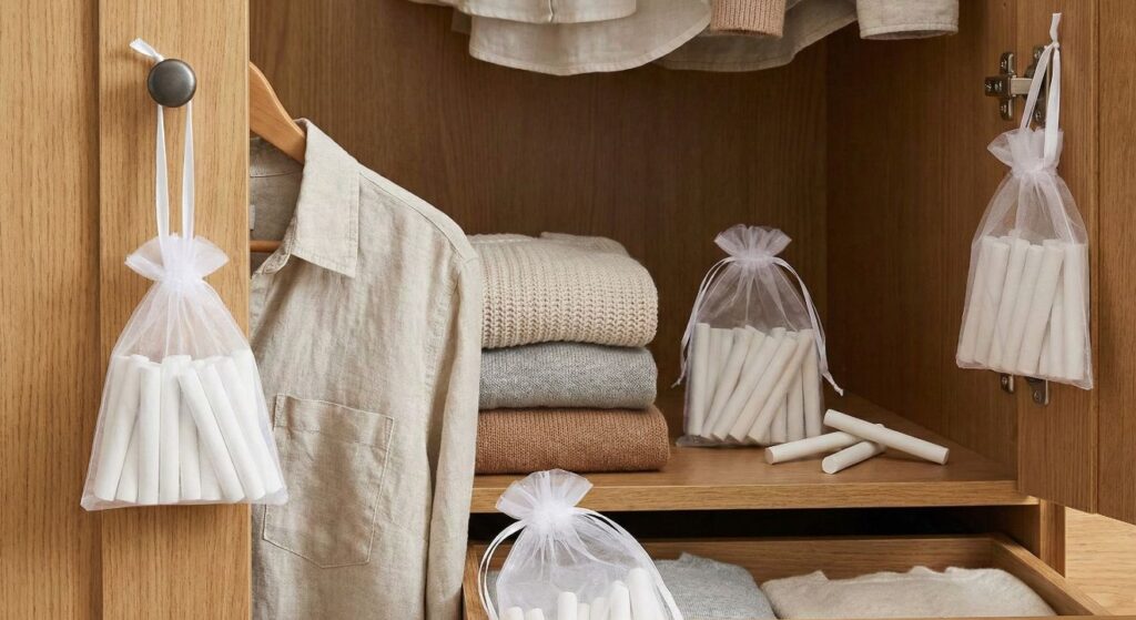 Como acabar com a umidade e mofo dentro do guarda-roupa usando giz de lousa e saquinhos de organza