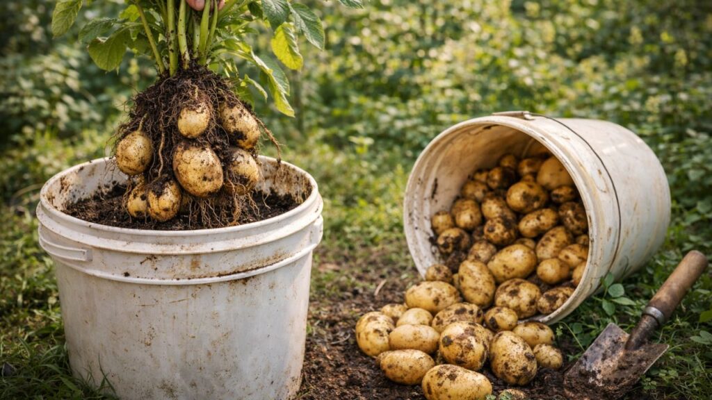 Um balde comum pode render uma colheita farta de batatas