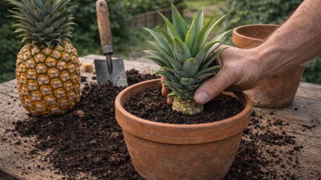 Um vaso, uma coroa e um abacaxi começando a vida sem esforço