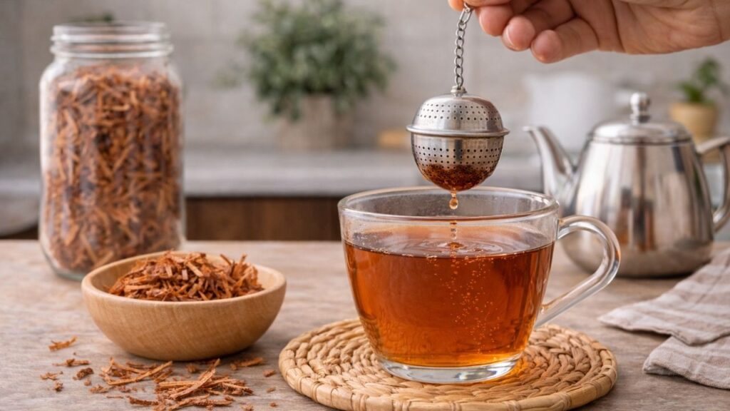 Esse chá natural tem gosto de baunilha, acalma o corpo e ajuda a relaxar