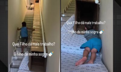 Pai improvisa escorregador em escada de casa e vídeo viraliza nas redes sociais