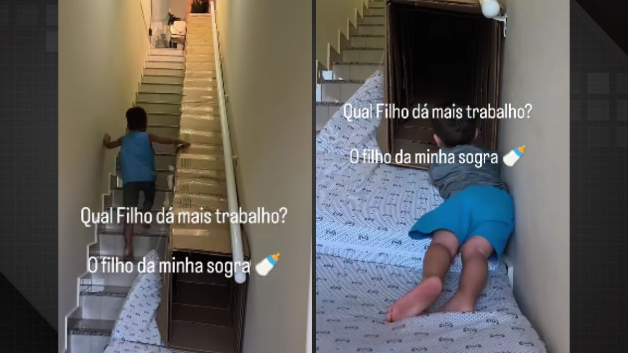 Pai improvisa escorregador em escada de casa e vídeo viraliza nas redes sociais