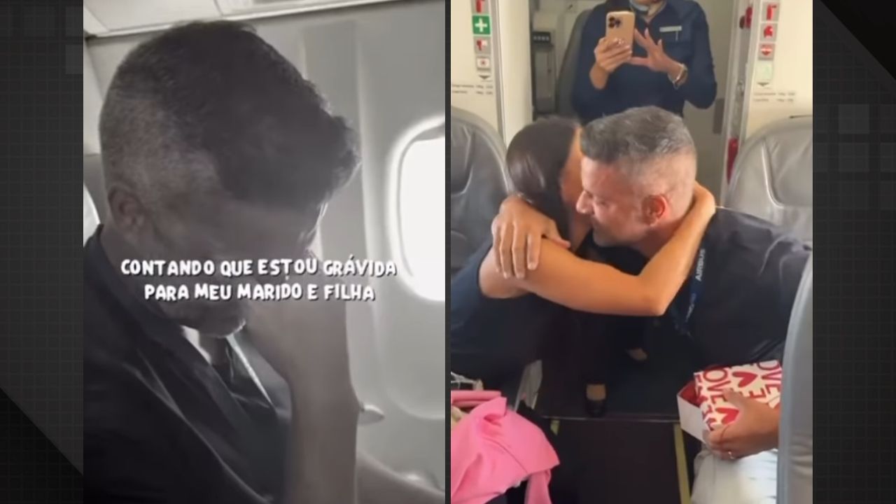 grávida surpreende marido com anúncio emocionante durante voo