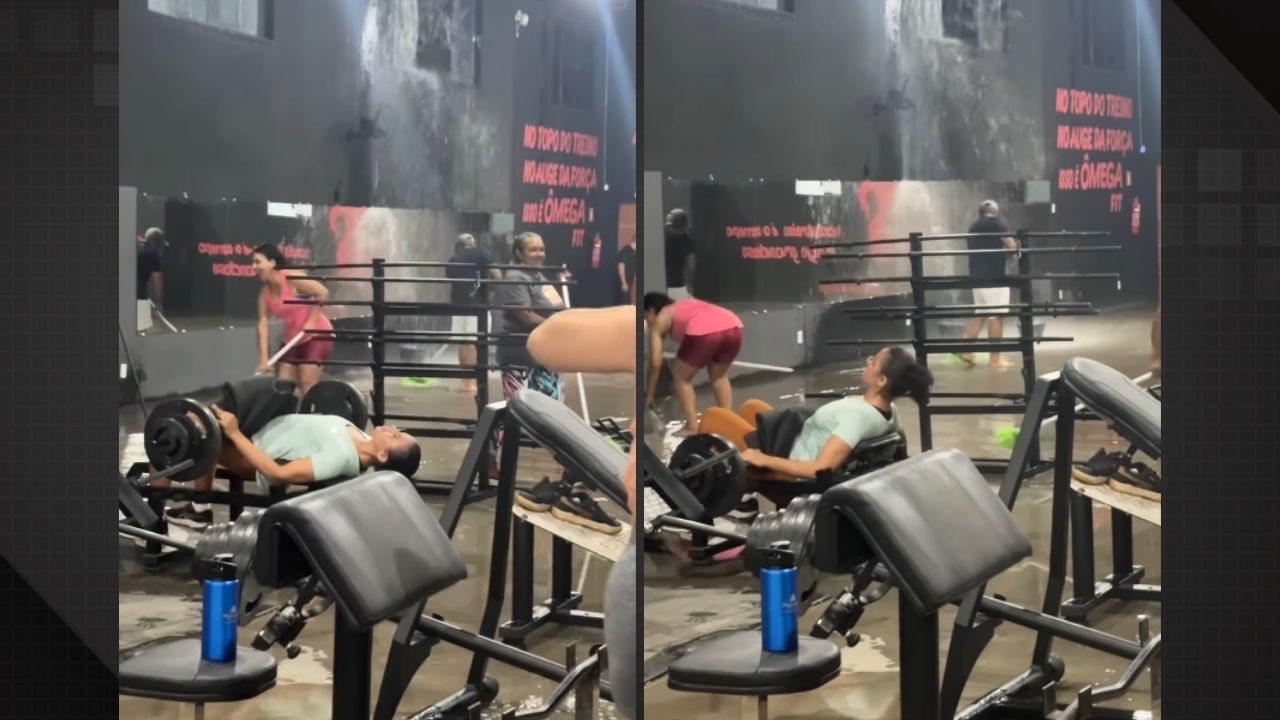 Vídeo de aluna treinando durante alagamento em academia viraliza