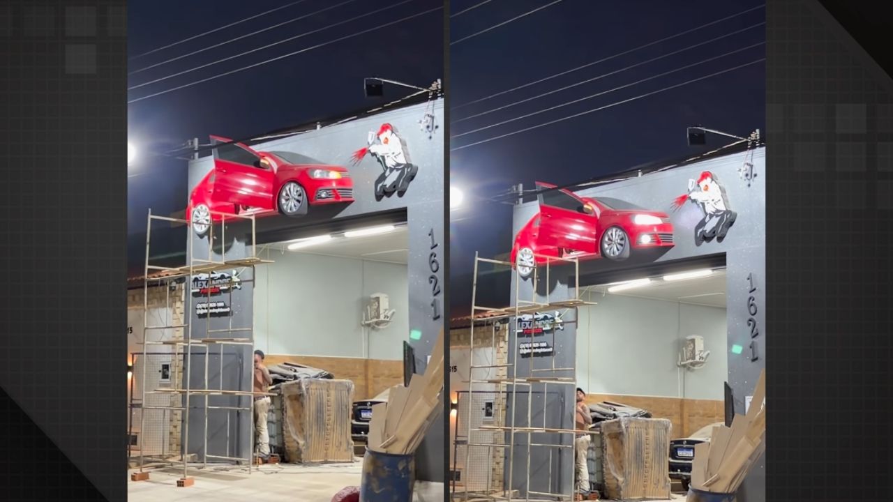 fachada criativa de oficina com carro “em movimento” viraliza nas redes