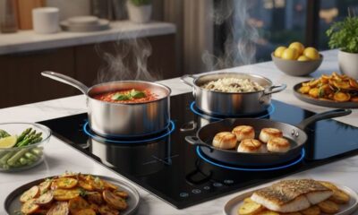 Vista aérea de um cooktop de indução preto com quatro panelas ativas, preparando pratos variados.
