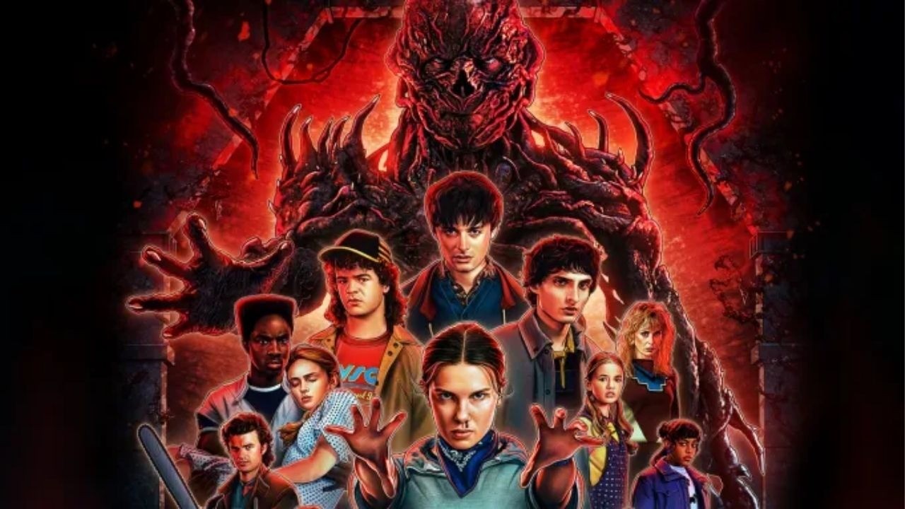 Pôster de Stranger Things com o elenco principal e o monstro Vecna em cenário avermelhado e escuro.