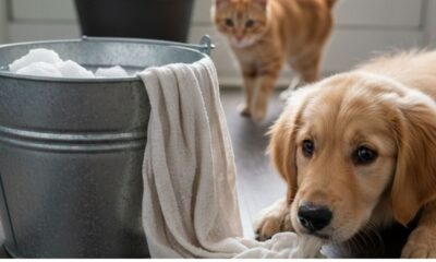 Filhote de golden retriever, balde de metal com água e espuma, toalha, gato laranja desfocado.