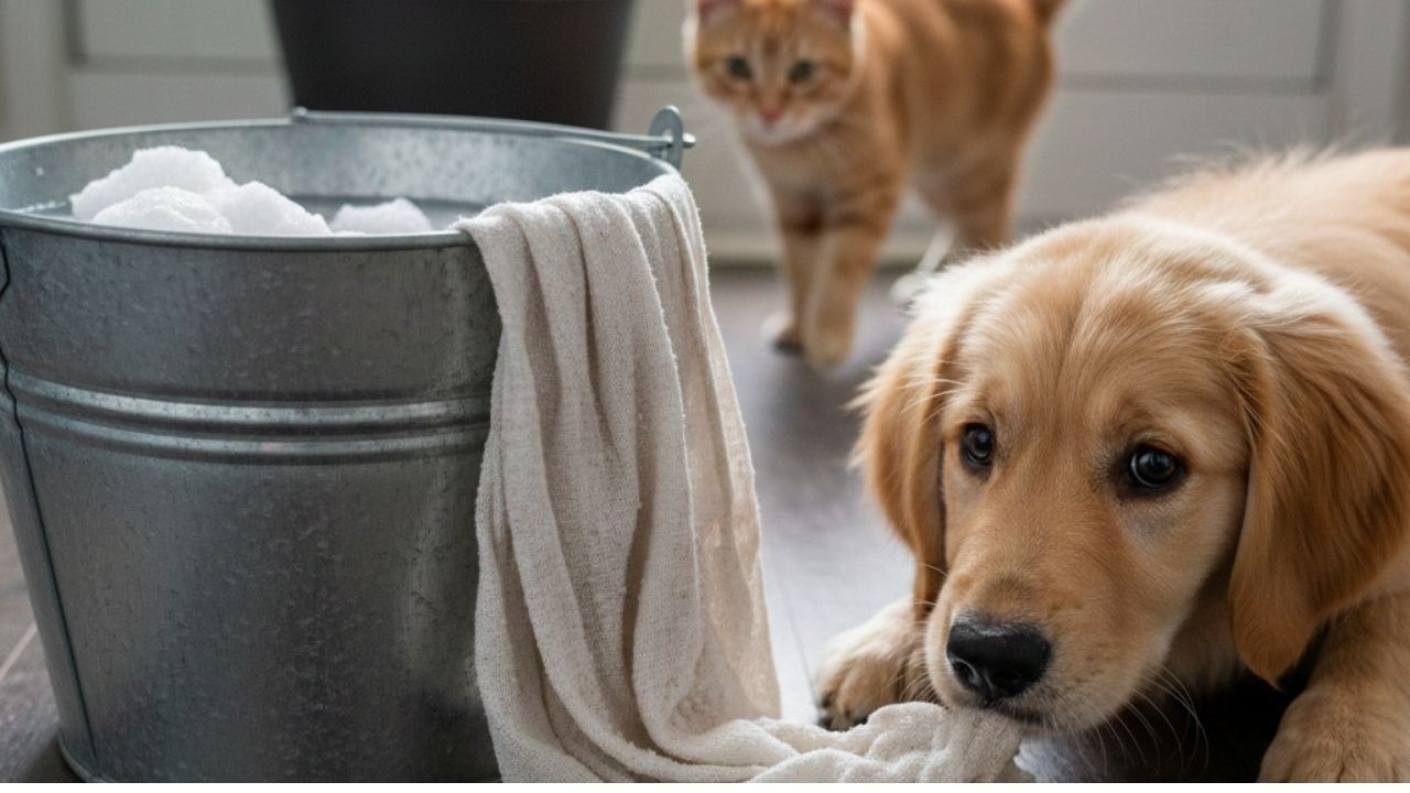 Filhote de golden retriever, balde de metal com água e espuma, toalha, gato laranja desfocado.