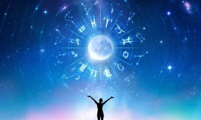 Silhueta sob céu estrelado com lua cheia, círculo de símbolos do zodíaco e constelações.