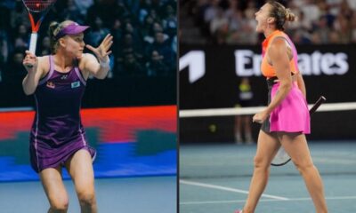 Elena Rybakina (esquerda) em quadra; Aryna Sabalenka (direita) comemora ponto.