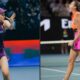 Elena Rybakina (esquerda) em quadra; Aryna Sabalenka (direita) comemora ponto.
