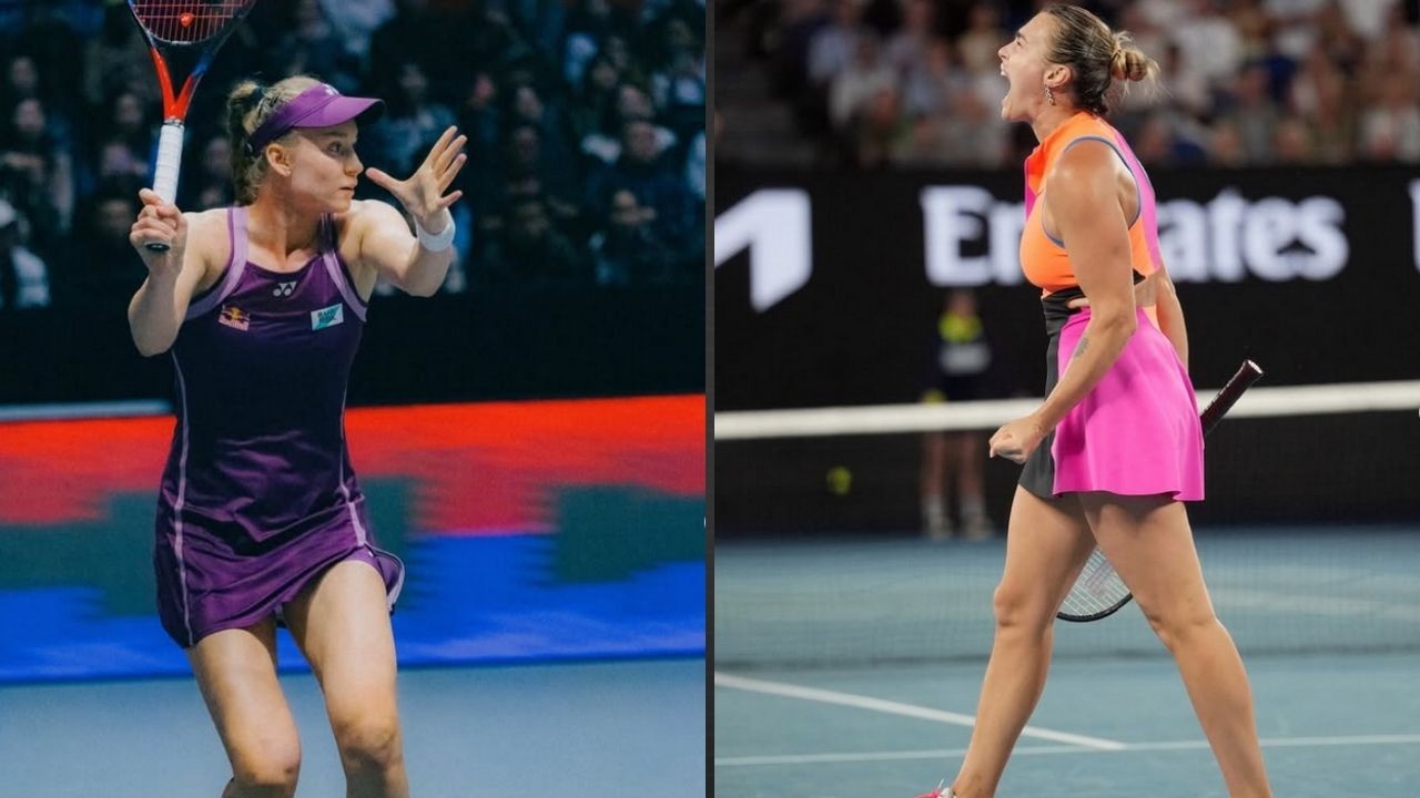 Elena Rybakina (esquerda) em quadra; Aryna Sabalenka (direita) comemora ponto.
