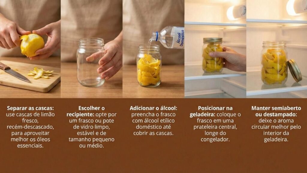 Passo a passo de como preparar o frasco com cascas de limão e álcool