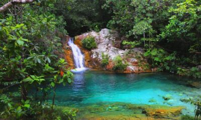 Cachoeira em cascata desagua em poço azul-turquesa, cercado por rochas e vegetação verde.