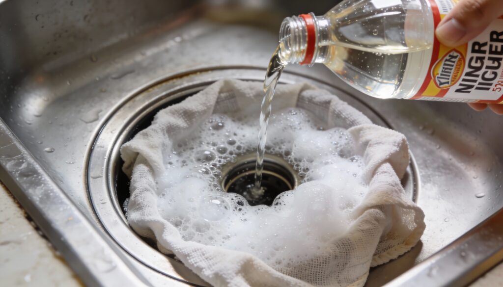 O truque de 15 minutos com bicarbonato e vinagre que salva sua pia entupida