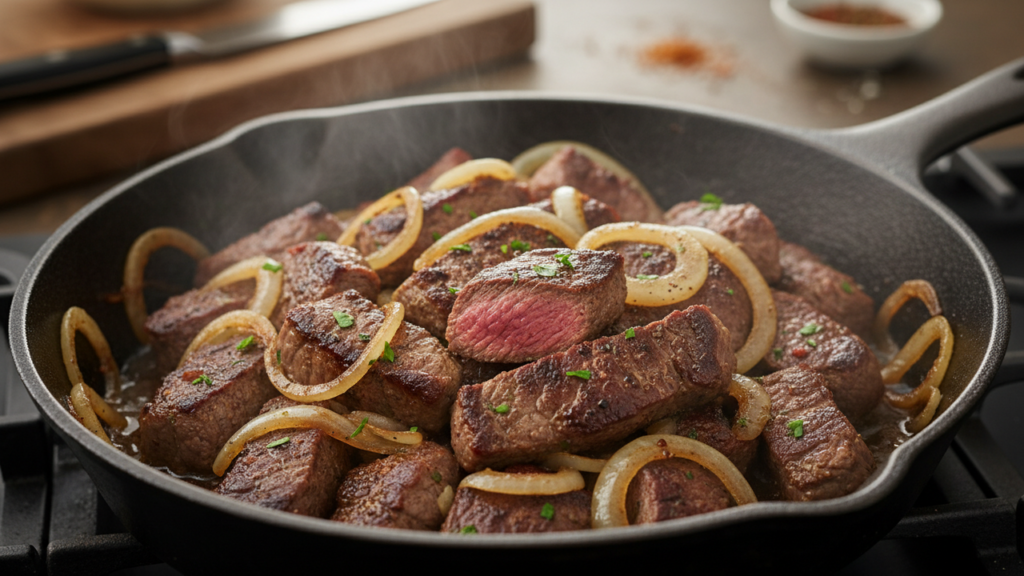 O truque que ninguém te contou para fazer o bife acebolado perfeito em 5 minutos