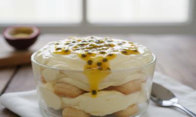 Receita fácil de pavê de maracujá com mousse e cobertura azedinha e deliciosa