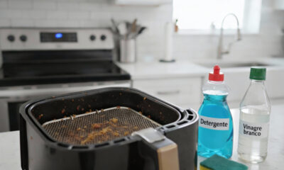 Use detergente e vinagre para limpar air fryer por dentro e eliminar o cheiro de queimado