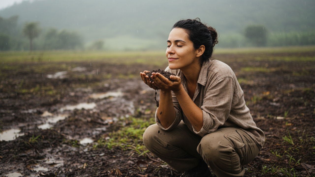 Quem sente o cheiro da terra molhada quase sempre para por um instante