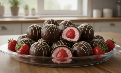 Esse bombom de morango na travessa vai ser um sucesso garantido na sua mesa