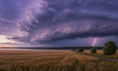 Minutos antes da tempestade, o céu fica roxo e chama atenção de quem observa