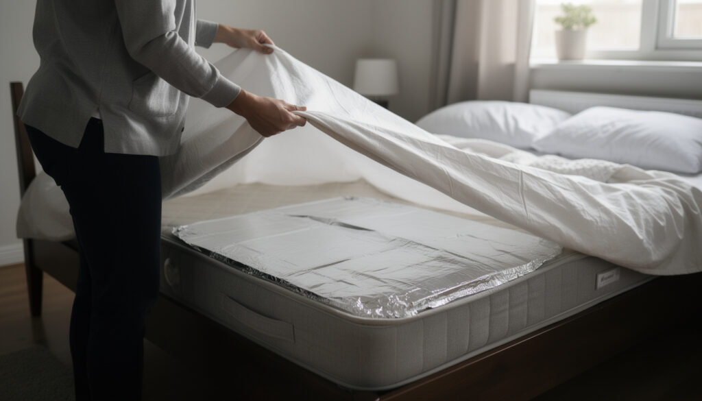 Cama de casal sendo preparada com uma camada de papel-alumínio estendida sobre o colchão, parcialmente coberta por um lençol branco grosso, ambiente de quarto simples e bem iluminado, cena realista mostrando proteção contra líquidos, foco no colchão preservado, sensação de economia e prevenção de prejuízo.