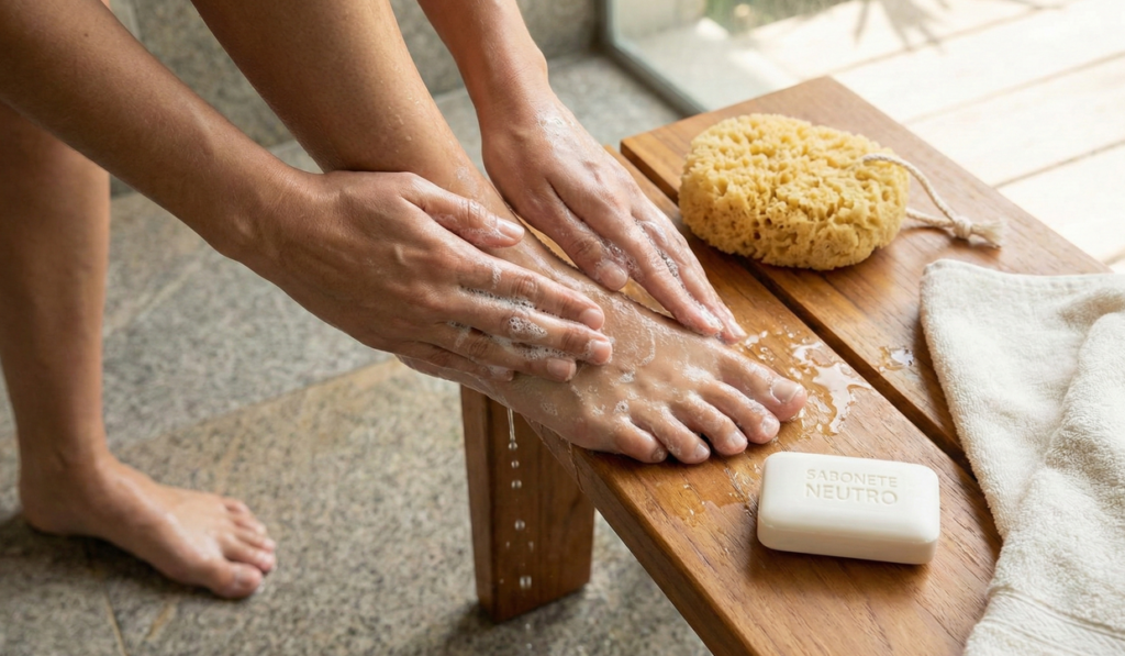 Como cuidar dos pés em casa sem agredir a pele usando sabonete neutro e uma rotina rápida antes de dormir