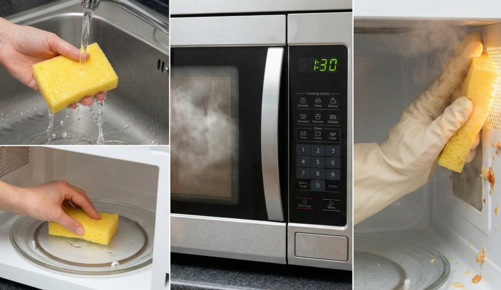 A esponja úmida cria vapor no aparelho e facilita a remoção de sujeira