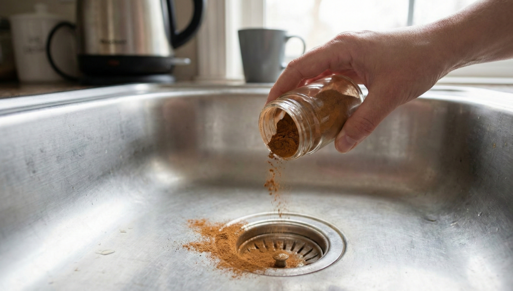 O processo é simples, necessitando apenas despejar a canela sobre a entrada do encanamento