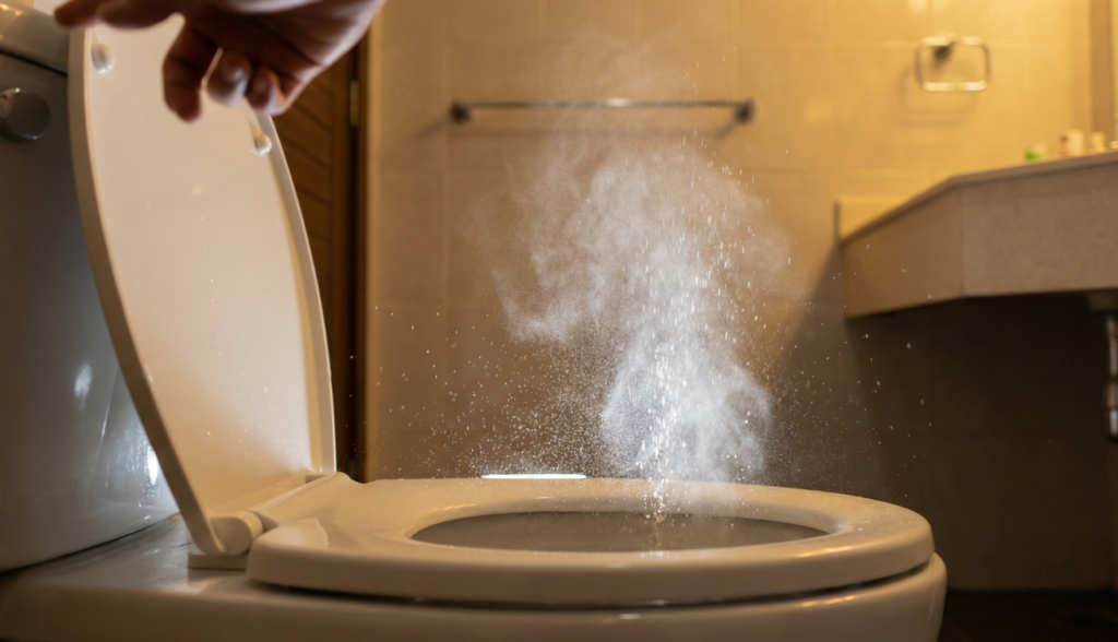 O acionamento da descarga espalha resíduos de sujeira pelo banheiro todo