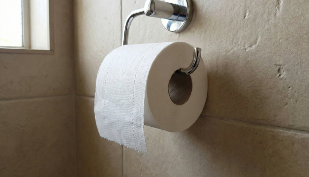 A ponta do papel higiênico para fora evita que ele entre em contato com a parede suja