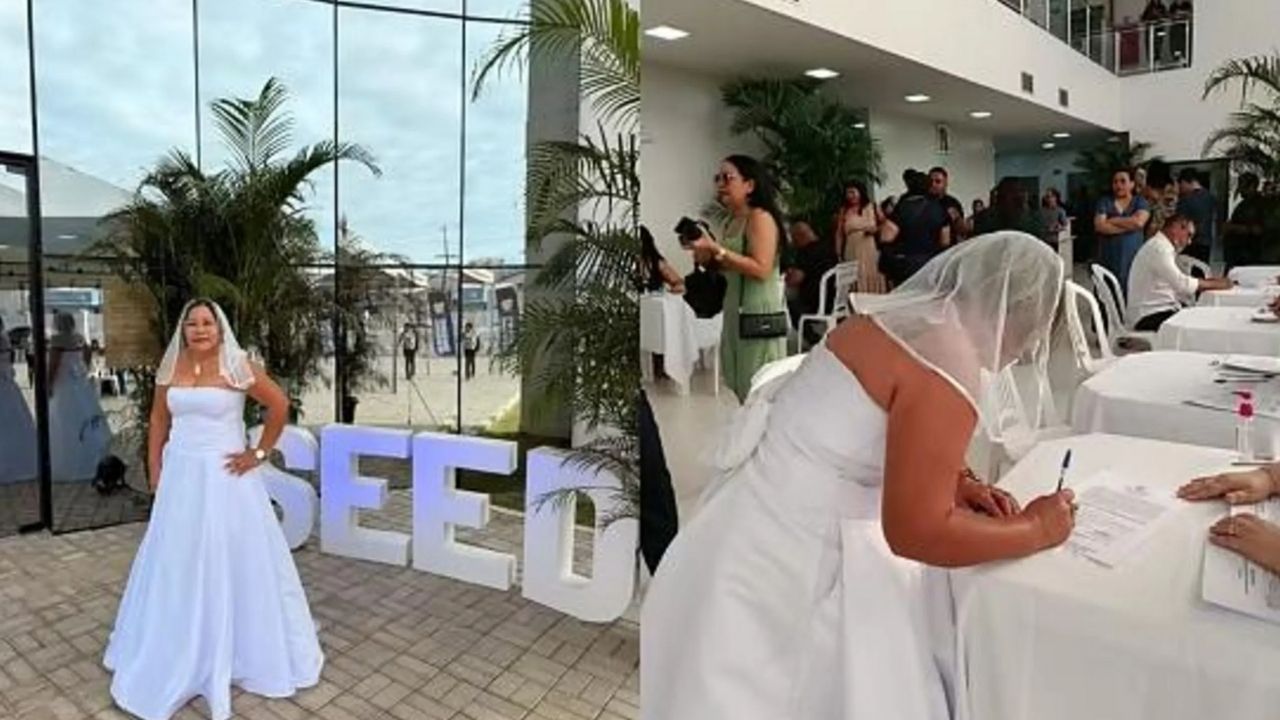 Fotomontagem com duas imagens de Nayra Saldanha vestida de noiva em um ambiente institucional. À esquerda, ela posa de pé, com véu e mão na cintura, ao lado de um grande letreiro de chão com a sigla "SEED". À direita, ela aparece de costas, inclinada sobre uma mesa, assinando um documento durante a cerimônia, cercada por outras pessoas ao fundo.