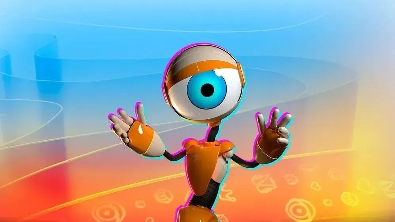 Mascote robô Big Brother Brasil, com um olho azul grande, corpo laranja e braços erguidos.