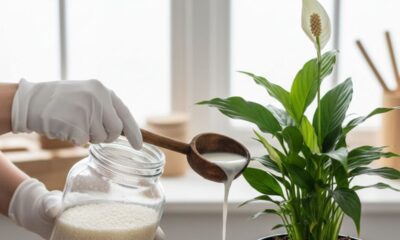 Mãos enluvadas despejando água de arroz de colher de madeira em vaso de planta verde.