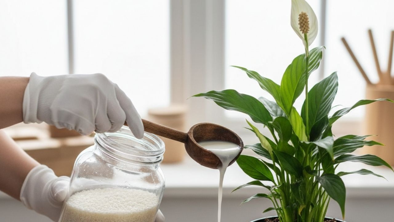Mãos enluvadas despejando água de arroz de colher de madeira em vaso de planta verde.