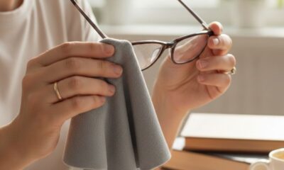 Duas mãos limpam óculos de armação marrom com um pano de microfibra cinza.