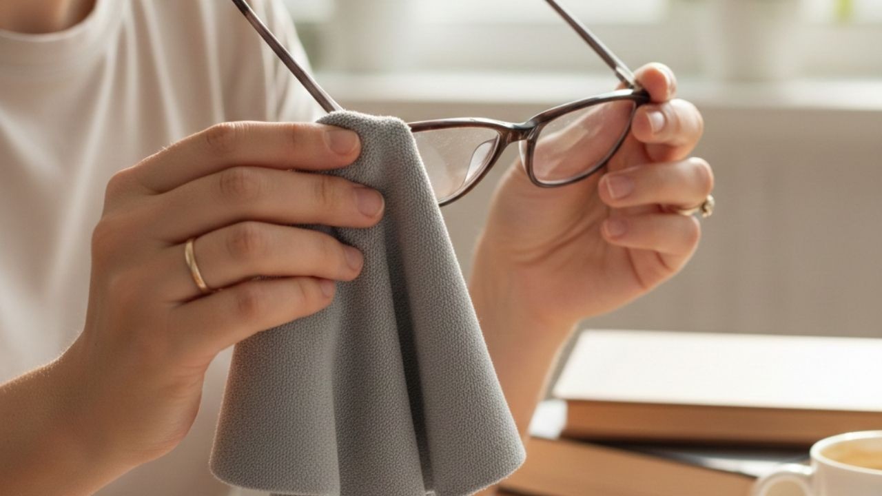 Duas mãos limpam óculos de armação marrom com um pano de microfibra cinza.