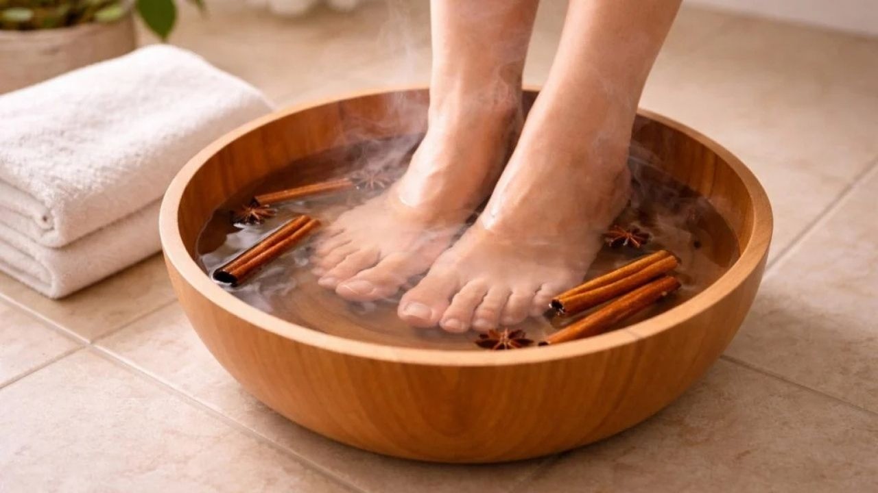 Pés de uma pessoa em bacia de madeira com água quente, canela e anis estrelado.