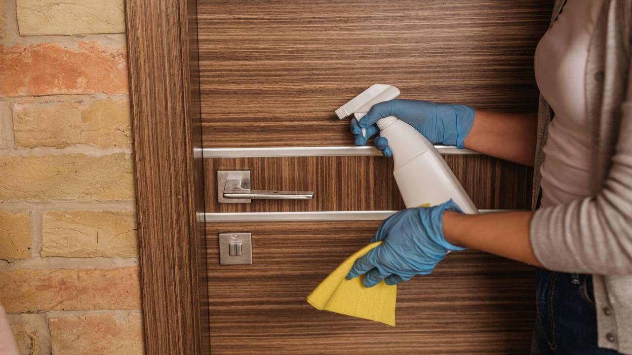 Mãos com luvas azuis borrifam limpador em porta de madeira com pano amarelo.