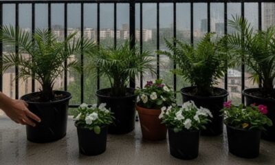 Mão movendo vaso de planta em varanda molhada com outras plantas e vista urbana chuvosa.