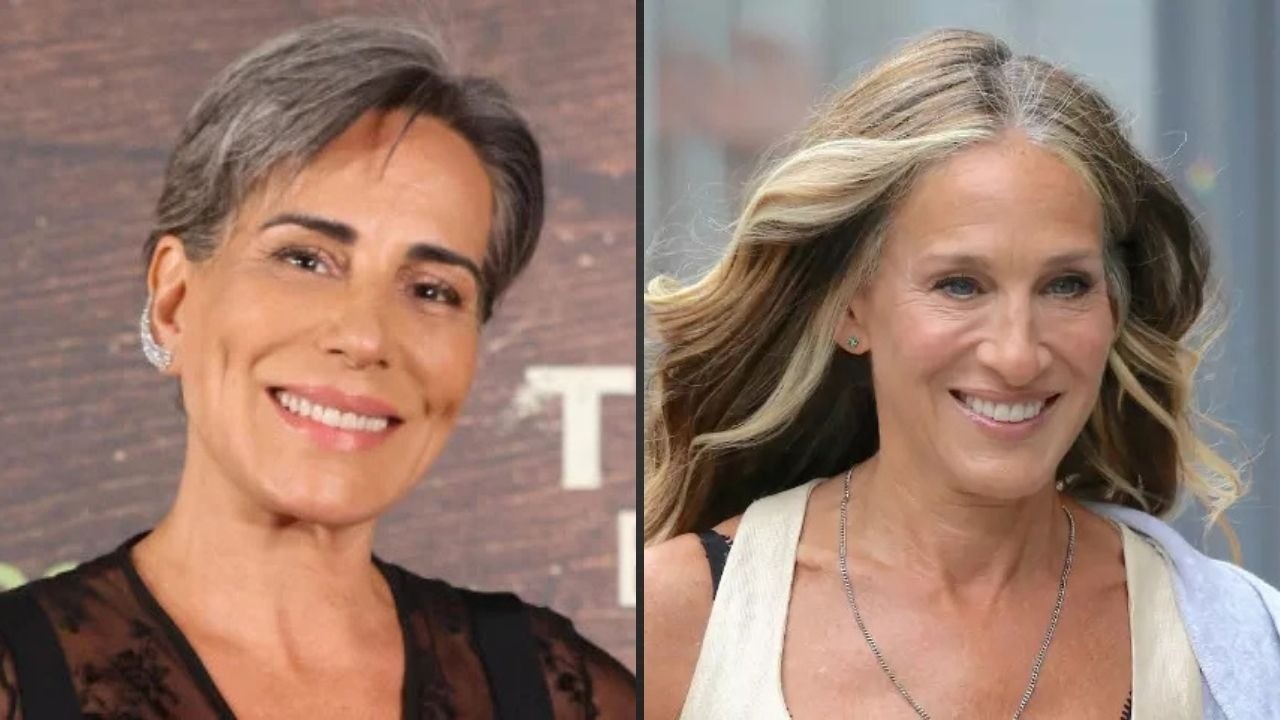 Glória Pires e Sarah Jessica Parker sorrindo, exibindo cabelos grisalhos e loiros com mechas brancas.