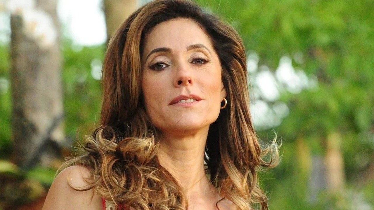 Christiane Torloni, cabelos ondulados, maquiagem, brincos de argola, fundo verde desfocado.