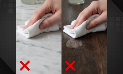 Mãos com panos brancos em mármore molhado e madeira molhada, ambos com 'X' vermelho de proibição.