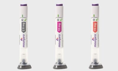 Três canetas injetoras de Mounjaro com dosagens de 2.5 mg, 10 mg e 15 mg.