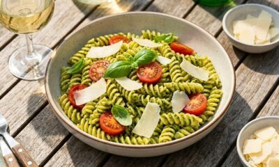 Tigela de macarrão fusilli ao pesto com tomate cereja, queijo parmesão e manjericão fresco.